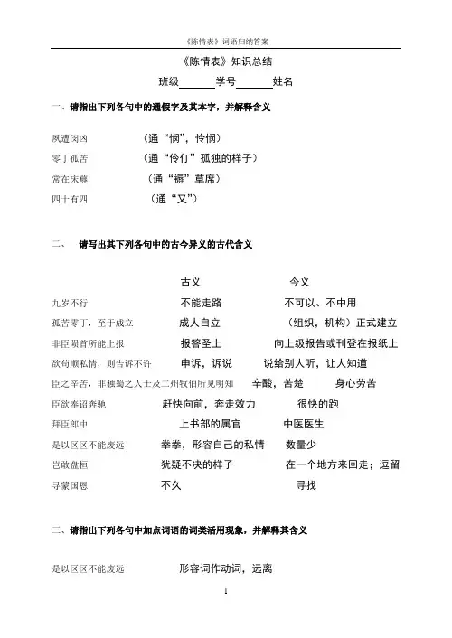 《陈情表》词语归纳(教师版)