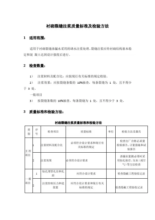衬砌裂缝注浆质量标准及检验方法 