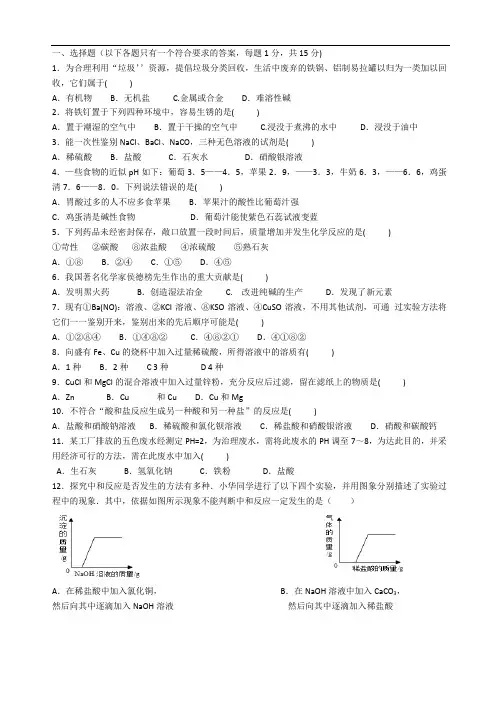人教版九年级化学酸碱盐测试题