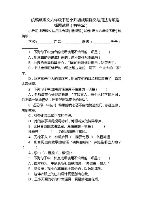 统编版语文六年级下册小升初成语释义与用法专项选择题试题(有答案)