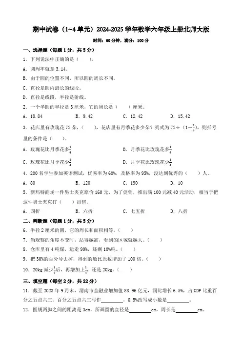 期中试卷(试题)2024-2025学年数学六年级上册北师大版