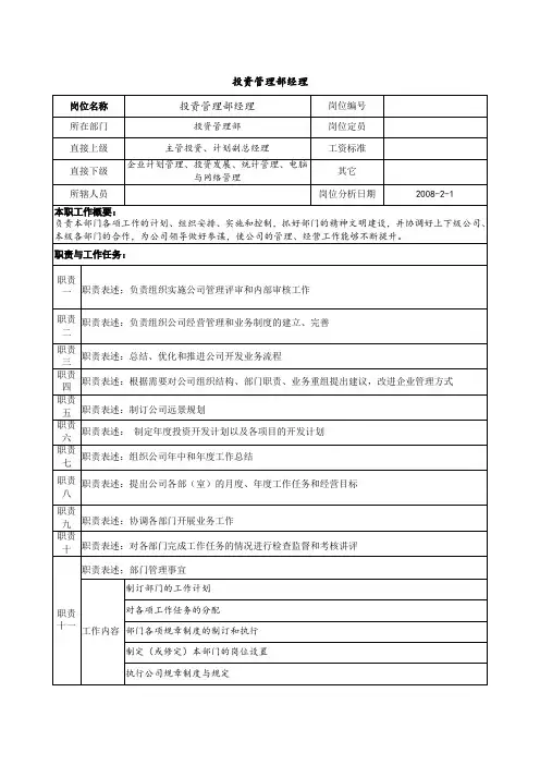 职位说明书-投资管理部经理