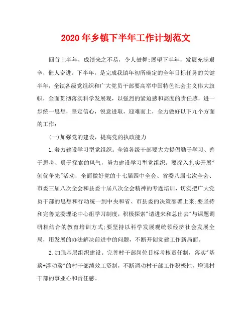 2020年乡镇下半年工作计划范文(1)