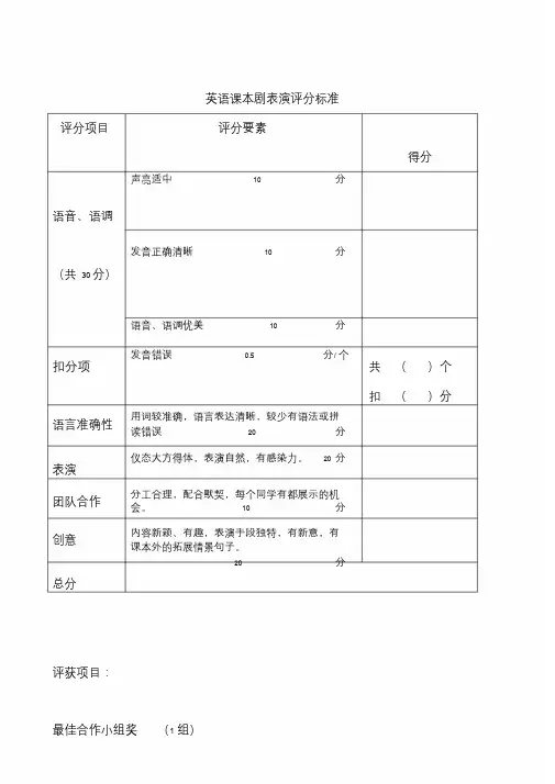 英语课本剧表演评分标准