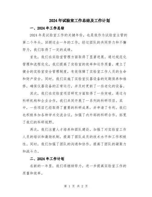2024年试验室工作总结及工作计划