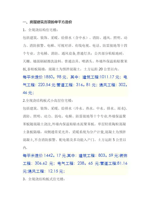 工程造价各项单方指标参考