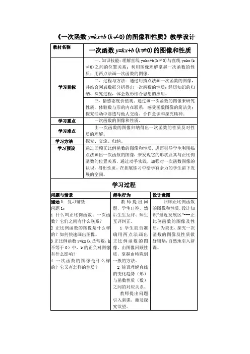 北师大版初二数学上册《一次函数y=kx+b(k≠0)的图像和性质》教学设计及反思