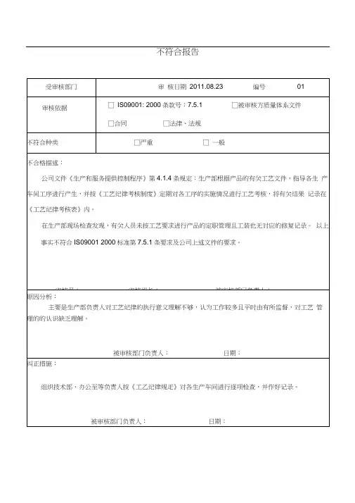 内审不符合项报告范例