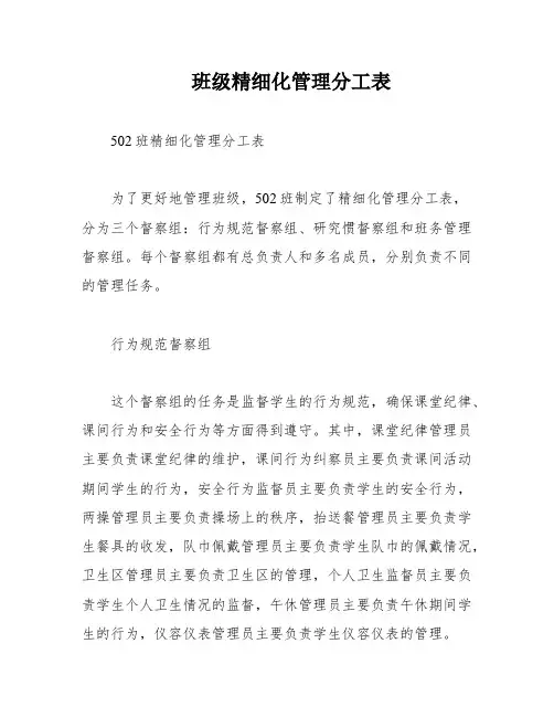 班级精细化管理分工表