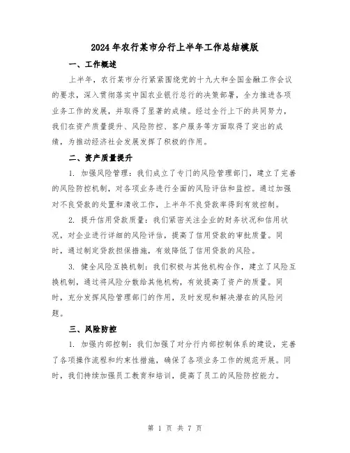 2024年农行某市分行上半年工作总结模版(3篇)