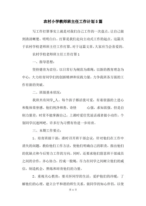 农村小学教师班主任工作计划5篇