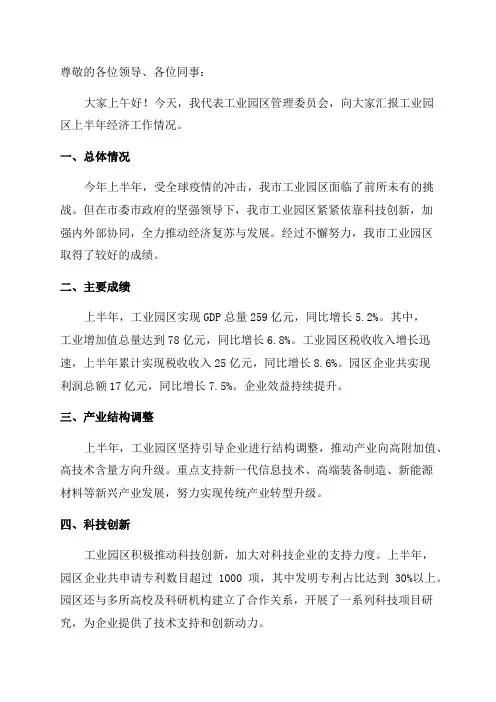 工业园区全市上半年经济工作分析会汇报材料