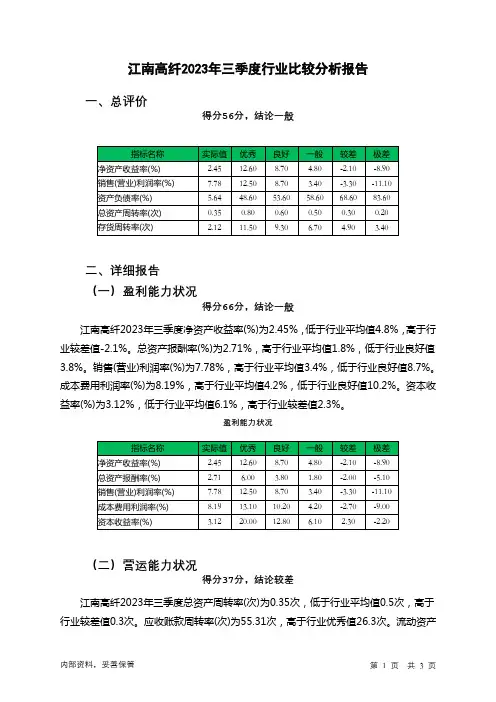 600527江南高纤2023年三季度行业比较分析报告