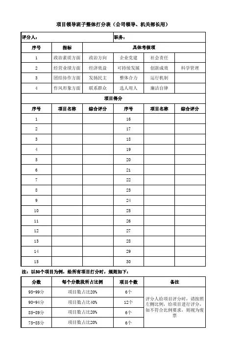 项目领导班子整体打分表、排名表