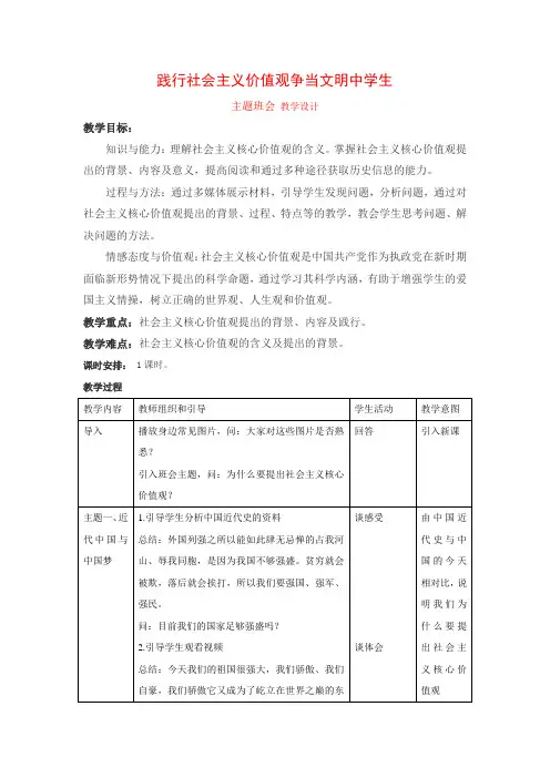 社会主义核心价值观主题班会 (2)活动设计优质课教案