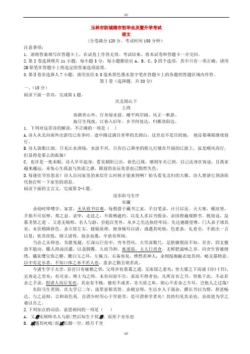 2020届广西玉林市、防城港市中考语文模拟试题(加精)