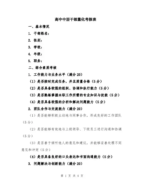高中中层干部量化考核表