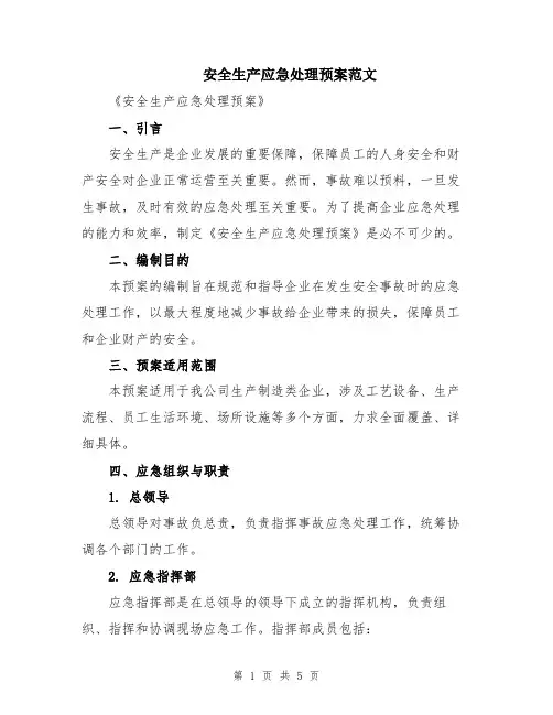 安全生产应急处理预案范文