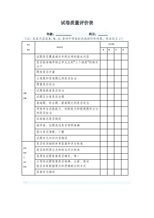 试卷质量评价表