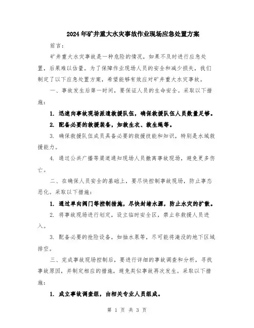 2024年矿井重大水灾事故作业现场应急处置方案