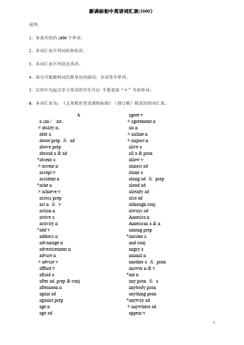 新课标初中英语词汇表(1600)