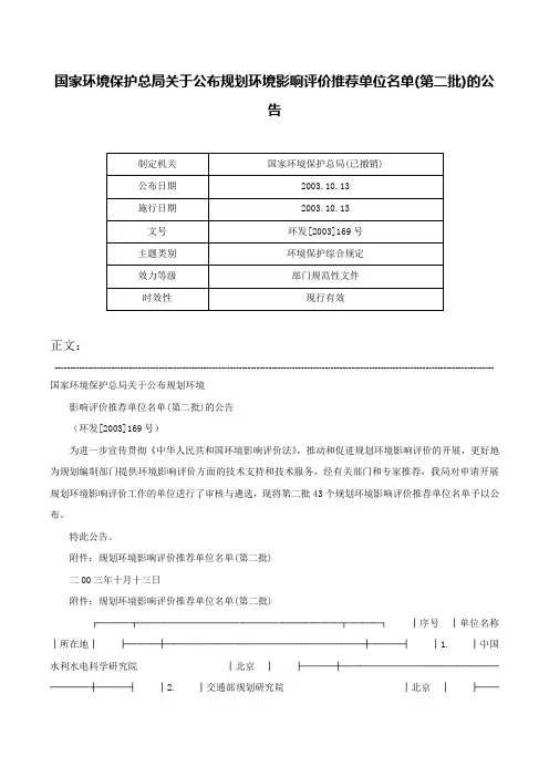 国家环境保护总局关于公布规划环境影响评价推荐单位名单(第二批)的公告-环发[2003]169号