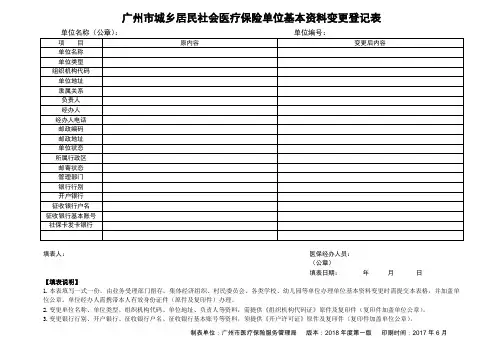 广州市城乡居民社会医疗保险单位基本资料变更登记表(2018)