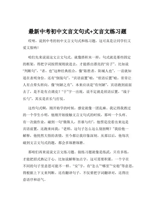 最新中考初中文言文句式+文言文练习题