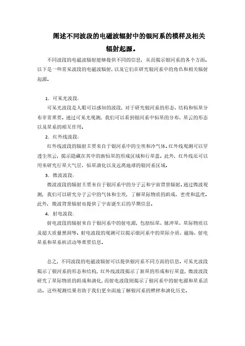 阐述不同波段的电磁波辐射中的银河系的模样及相关辐射起源。