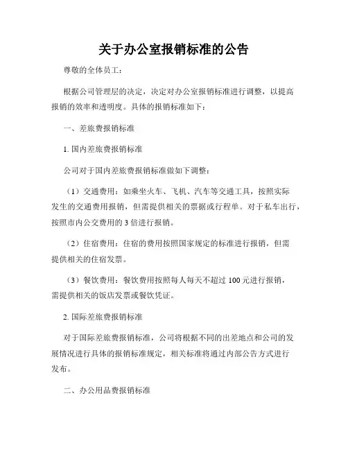 关于办公室报销标准的公告