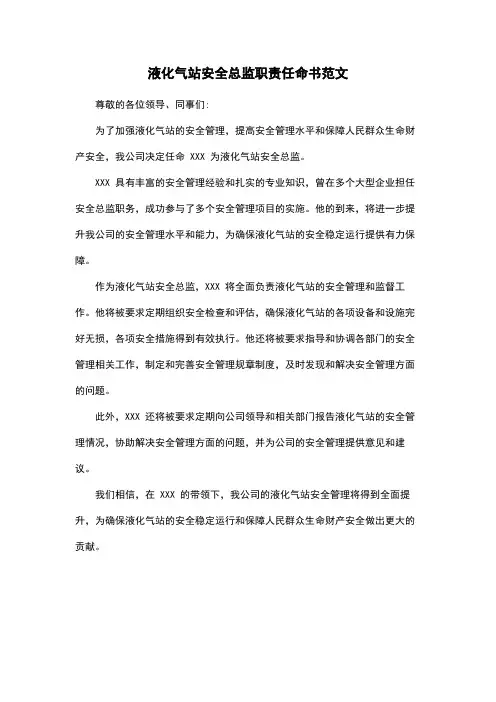 液化气站安全总监职责任命书范文