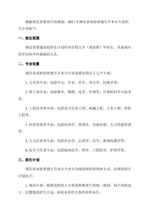 2024年湖北省高校普通专升本分专业招生计划