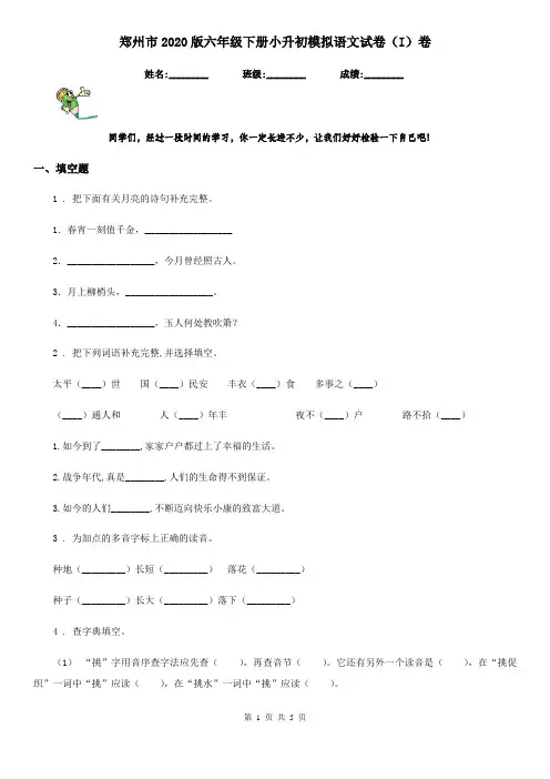 郑州市2020版六年级下册小升初模拟语文试卷(I)卷