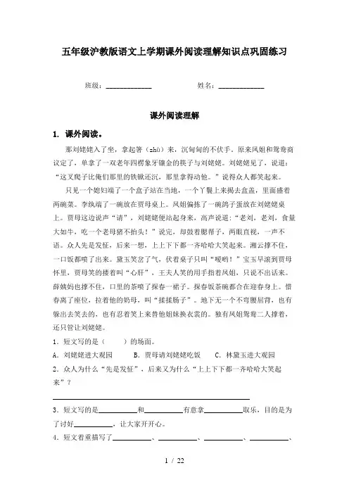 五年级沪教版语文上学期课外阅读理解知识点巩固练习