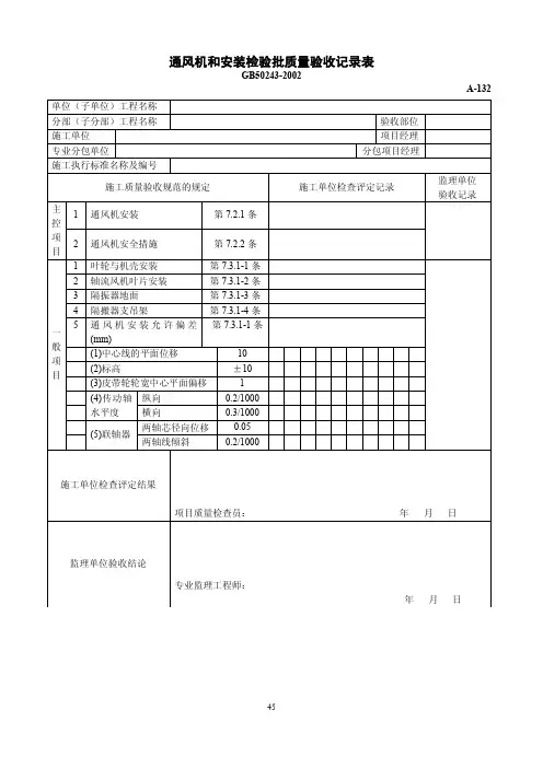通风机和安装检验批质量验收记录表