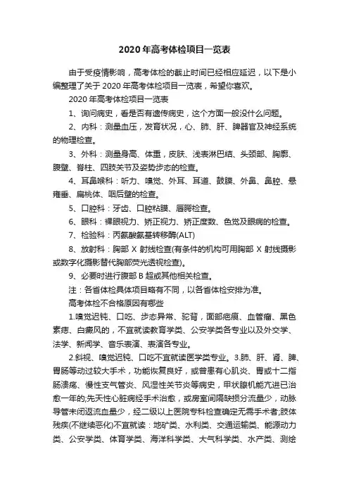2020年高考体检项目一览表