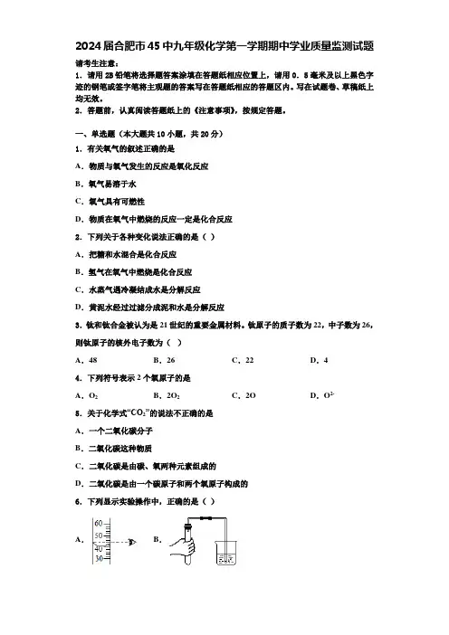2024届合肥市45中九年级化学第一学期期中学业质量监测试题含答案解析