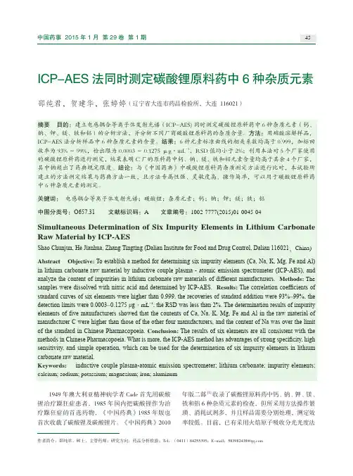 ICP-AES法同时测定碳酸锂原料药中6种杂质元素