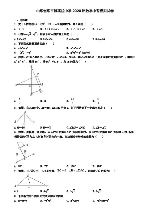 山东省东平县实验中学2020届数学中考模拟试卷