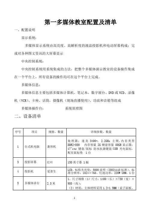 多媒体教室配置及清单