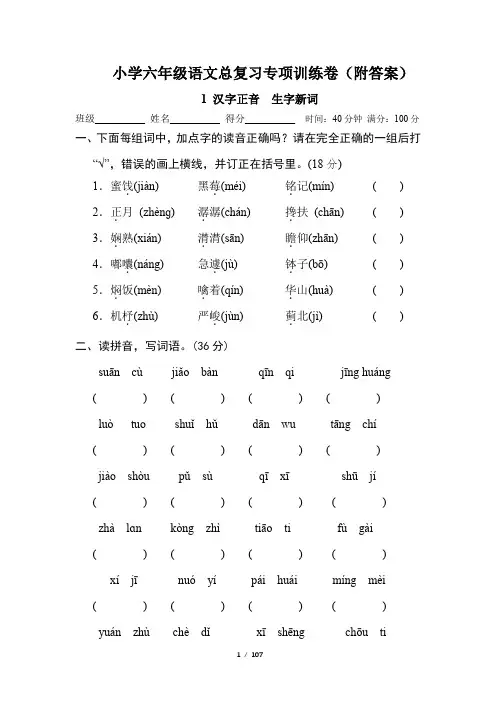小学六年级语文总复习专项训练卷(附答案)