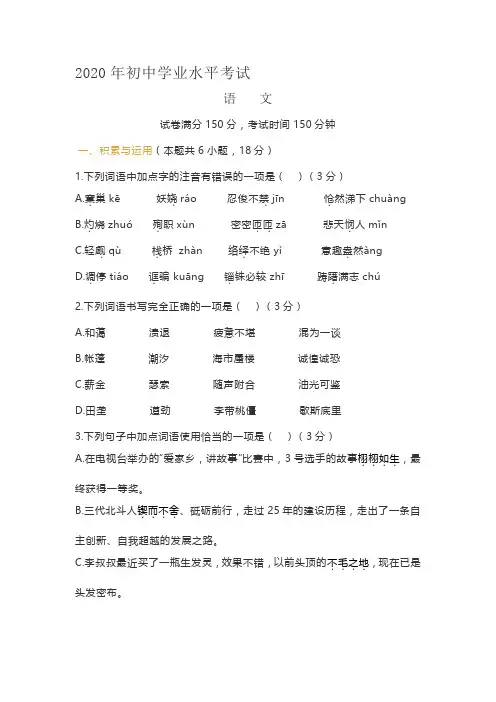四川省乐山市中考语文试题（word版，含答案）