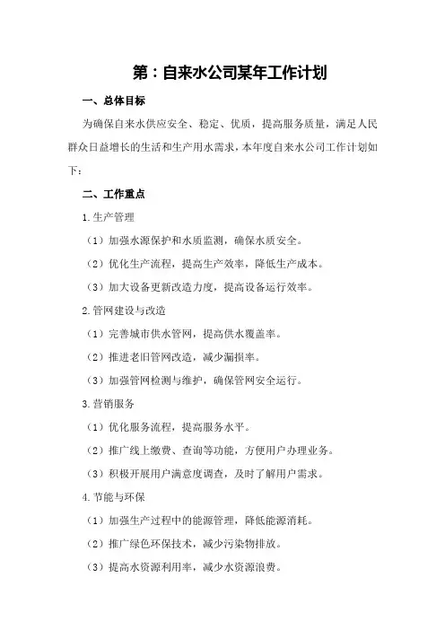 第：自来水公司某年工作计划