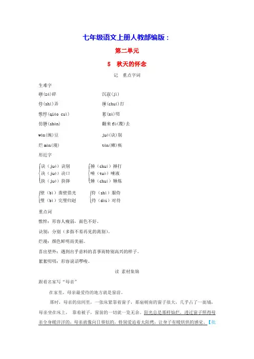 安徽省2024七年级语文上册第二单元5秋天的怀念手册素材人教部编版(含答案)
