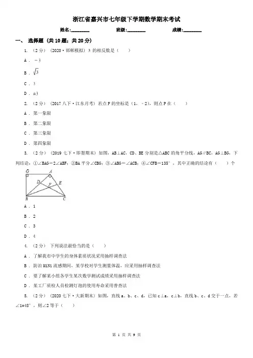 浙江省嘉兴市七年级下学期数学期末考试