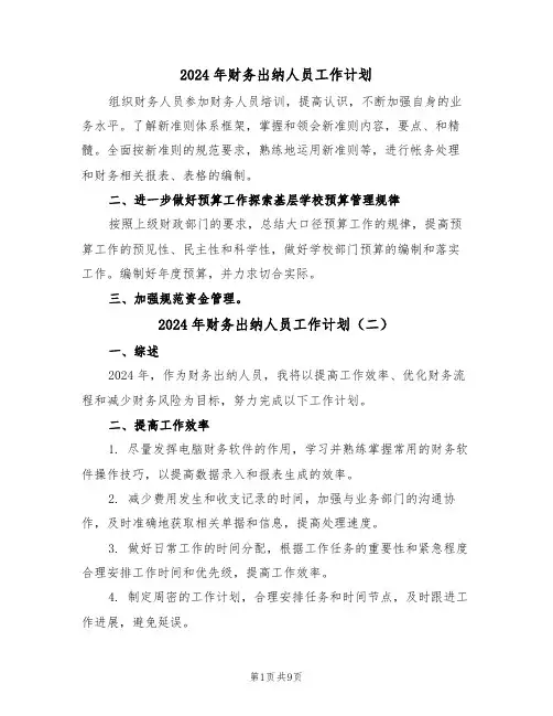 2024年财务出纳人员工作计划(五篇)