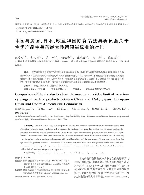 中国与美国、日本、欧盟和国际食品法典委员会关于禽类产品中兽药最大残留限量标准的对比