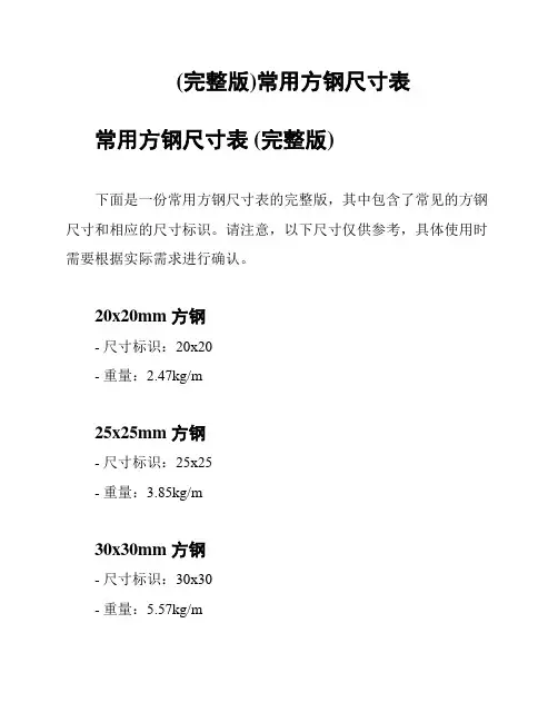 (完整版)常用方钢尺寸表