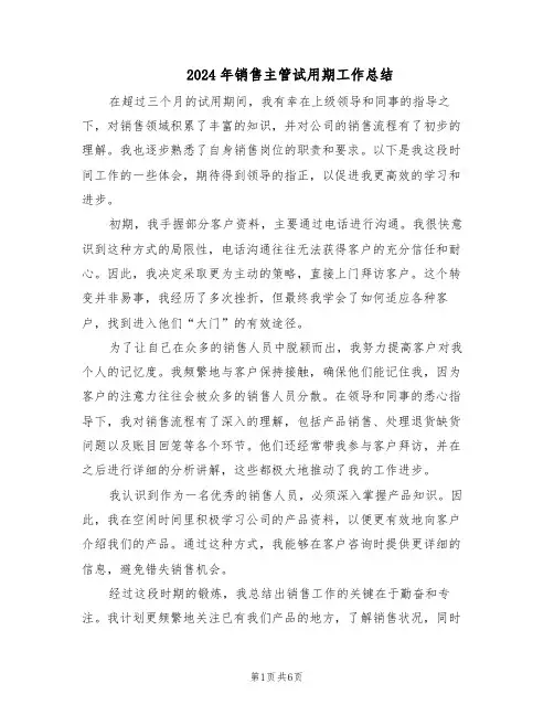 2024年销售主管试用期工作总结（3篇）