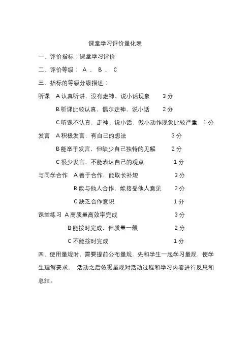 课堂学习评价量化表